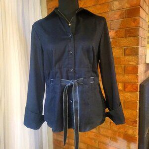 Carole Little Black Cotton Blouse with Woven Tie Accent - Size M